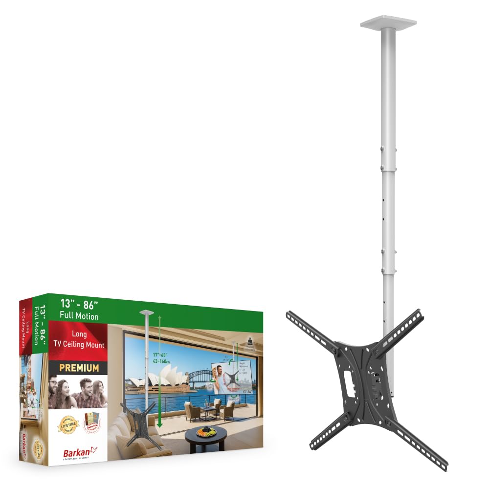 Barkan Soporte de TV de Techo, 160cm de Largo Blanco Giratorio e inclinable para Pantallas de 13-86 Pulgadas, Peso máximo 43Kg, Ultra Extensible, para LED OLED LCD, hasta VESA 600x400