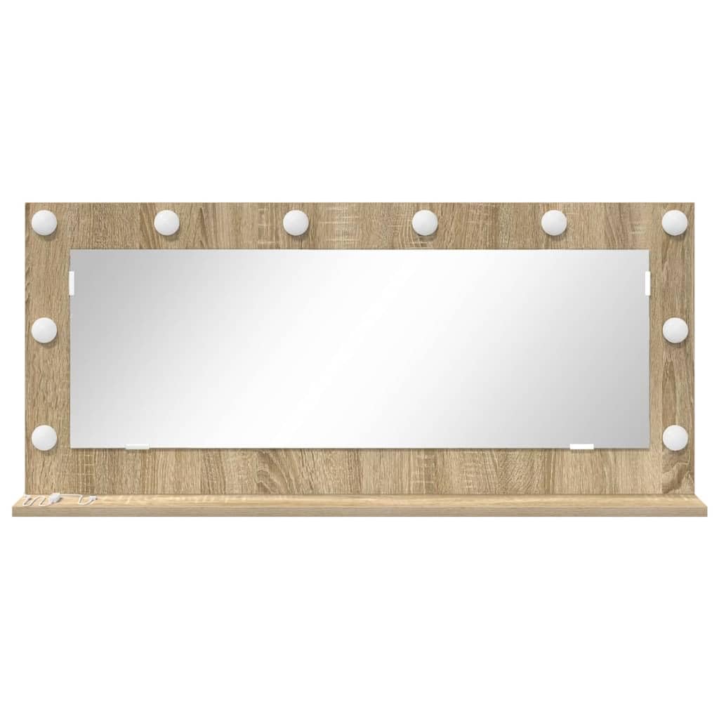 Specchio da bagno a LED ad angolo retto Sonoma, 100 x 45 x 18 cm, con illuminazione bianco caldo, vetro e legno, per interni