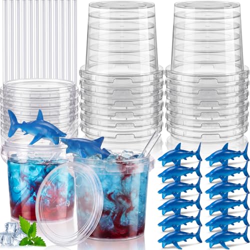 Funnymoom 24 Pcs 32 oz Plastic Drink Buckets with Hollow Shark Summer Party Drink Cups Cocktail Sharks Buckets with Lids and Handles for Beach Pool Party Favor Bar (Shark Clear)
