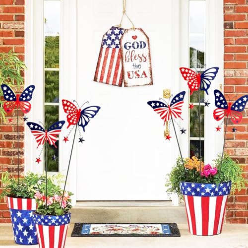 Image of 6 Pcs 4th of July Decorations Outdoor,18.2 inch Red White Blue Metal Butterfly Decorative Garden Stakes for Independence Day,Americana Patriotic Yard Signs Decor for Garden Lawn Porch