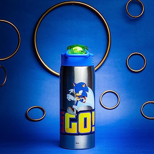 Image of Zak Designs Sonic the Hedgehog Water Bottle for Travel and At Home, 19 oz Vacuum Insulated Stainless Steel with Locking Spout Cover, Built-In Carrying Loop, Leak-Proof Design (Sonic)