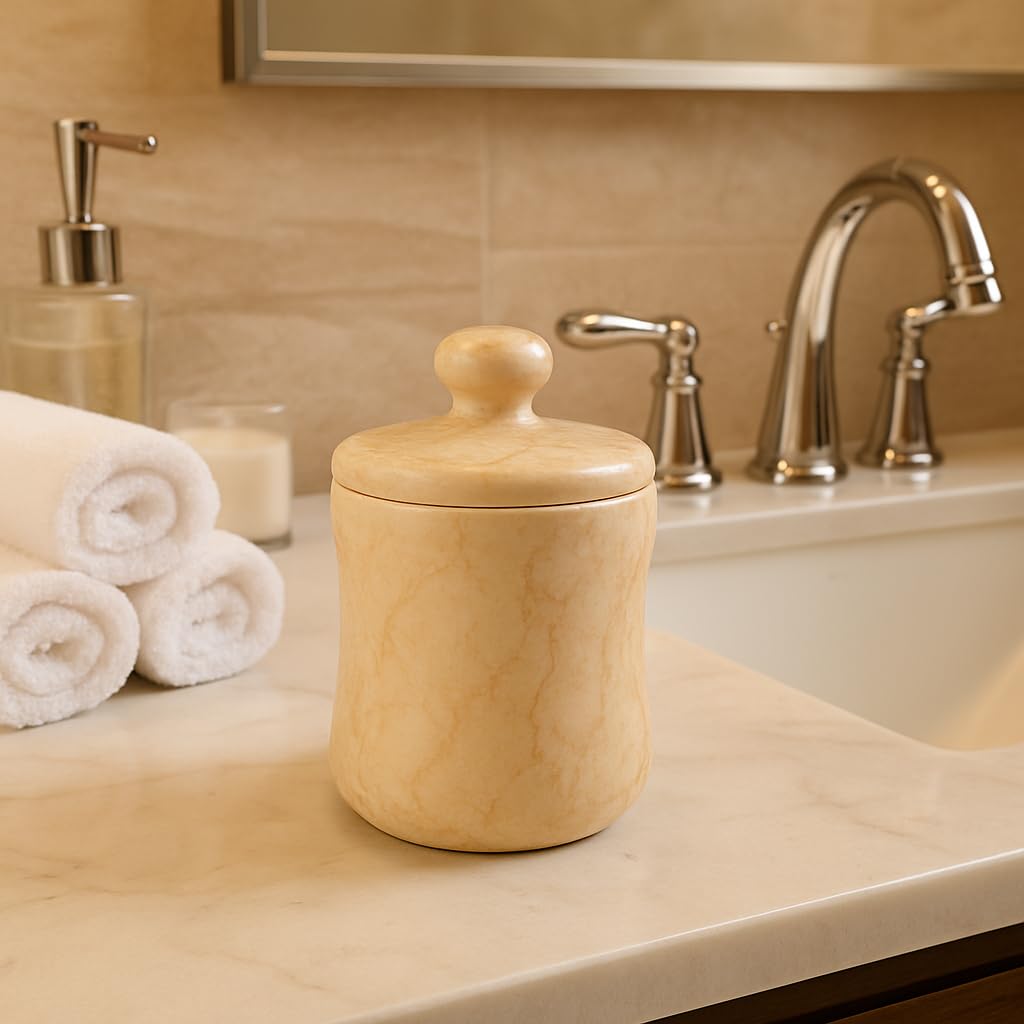 Creative Home Natural Champagne Marble Curvy Collection Cotton Ball Swab Holder Bathroom Storage Jar Container Organizer, 3.6 Diam. x 4.8 H Inch, Beige