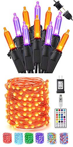 Brizled 33Ft 100 Led Purple & Orange Halloween Lights + 200 Led Orange Halloween Fairy Lights For Halloween Indoor Outdoor Decorations #TOP21