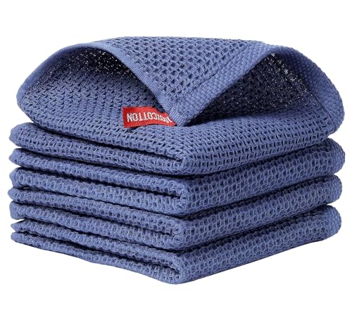 Image of Cotton Kitchen Dish Cloths, 4 Pack Super Absorbent and Lint Free Waffle Weave Dish Towels, Fast Drying Dish Rags for Washing Dishes, 13.4 X 13.4 Inch, Black (Dark Blue, Pack of 4)