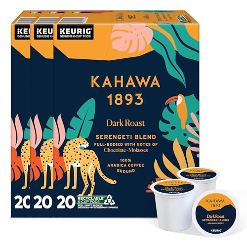 Kahawa 1893 Dark Roast Coffee K-Cup Pods Serengeti Blend (60 Count) - As Seen on Shark Tank, Low Acid, High Antioxidants, Naturally Sweet, Organically Grown, Ethically & Sustainably Sourced