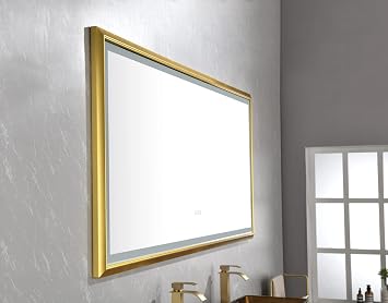 Brushed Gold Framed LED Bathroom Mirror with Lights, Smart Mirror with/Defogger, Large Rectangular Dimmable Bathroom Vanity Mirror, Wall Mirror Kit Also for Gym, Dance Studio 42 in. x 24 in.
