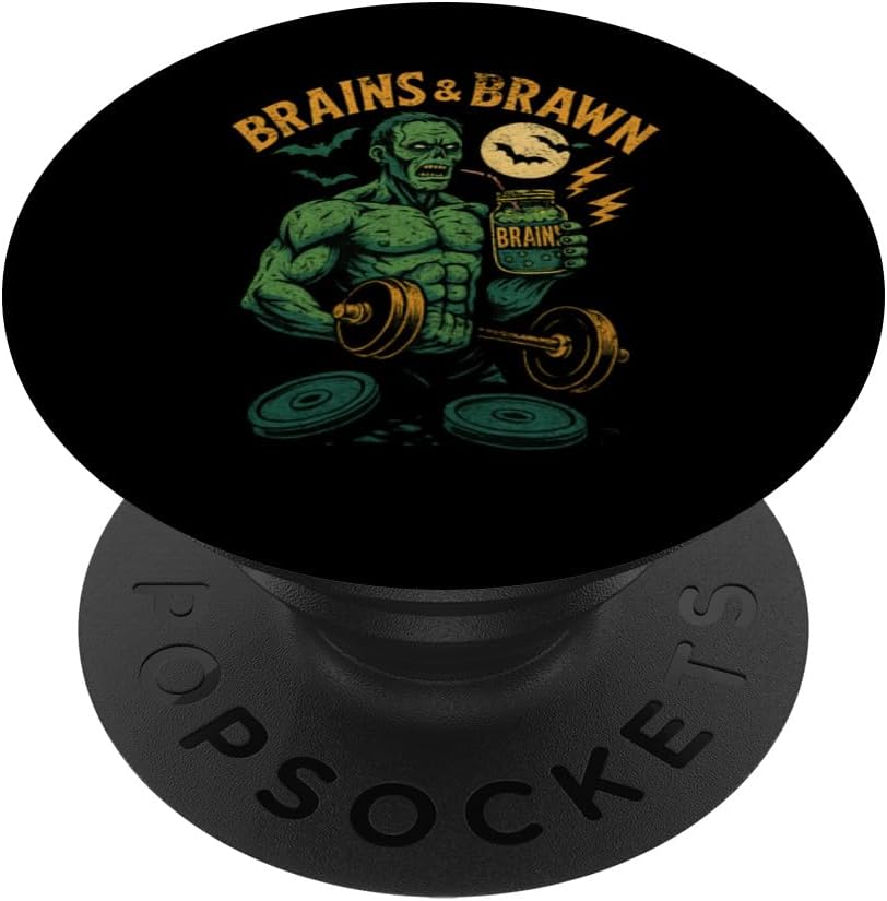 Brains and Brawn Zombie Fun Vintage Halloween 90's Retro Gym PopSockets Adhesive PopGrip