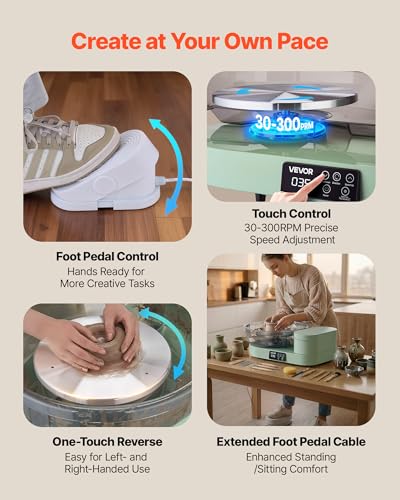 Image of VEVOR Pottery Wheel for Adults, 14 inch and 11 inch Turntables, 450W Electric Table Top Pottery Wheel with Foot Pedal, 30-300 RPM Adjustable Speed, Aluminum Body, for Beginners, DIY Clay Art Craft, Green