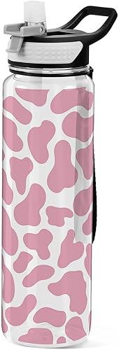 Botella de agua con estampado de vaca rosa con tapa de pajilla, 32 onzas, a prueba de fugas, transparente, para gimnasio, mujeres, hombres, deportes