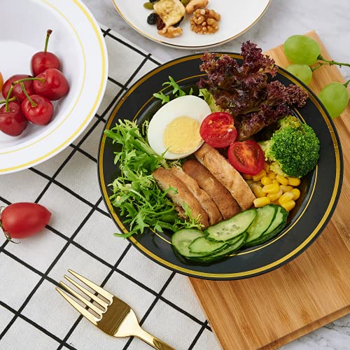 Jolly Party 50Pcs Black Plastic Bowls With Gold Rim-12Oz Disposable Soup Bowls, Christmas Thanksgiving Premium Dessert Salad Bowls For Wedding/Party #TOP3