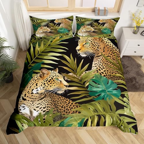 Erosebridal 3D Leopard Duvet Cover Queen Size,Cheetah Print Bedding Set Tropical Palm Leaves Comforter Cover African Safari Animals Bed Sets Jungle Plant Leaf Weed Decor for Bedroom