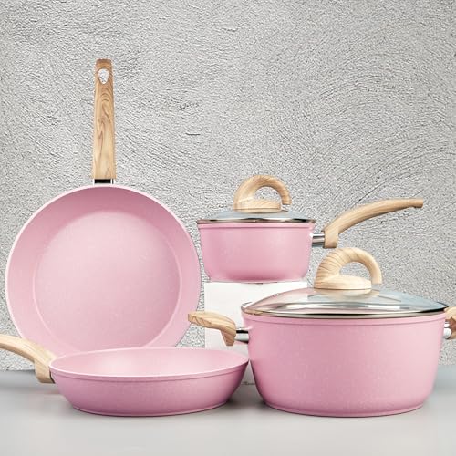 Vkoocy Juego de ollas y sartenes rosas antiadherentes para inducción, juego de 6 piezas con sartén, piedra de granito, mango de madera de baquelita