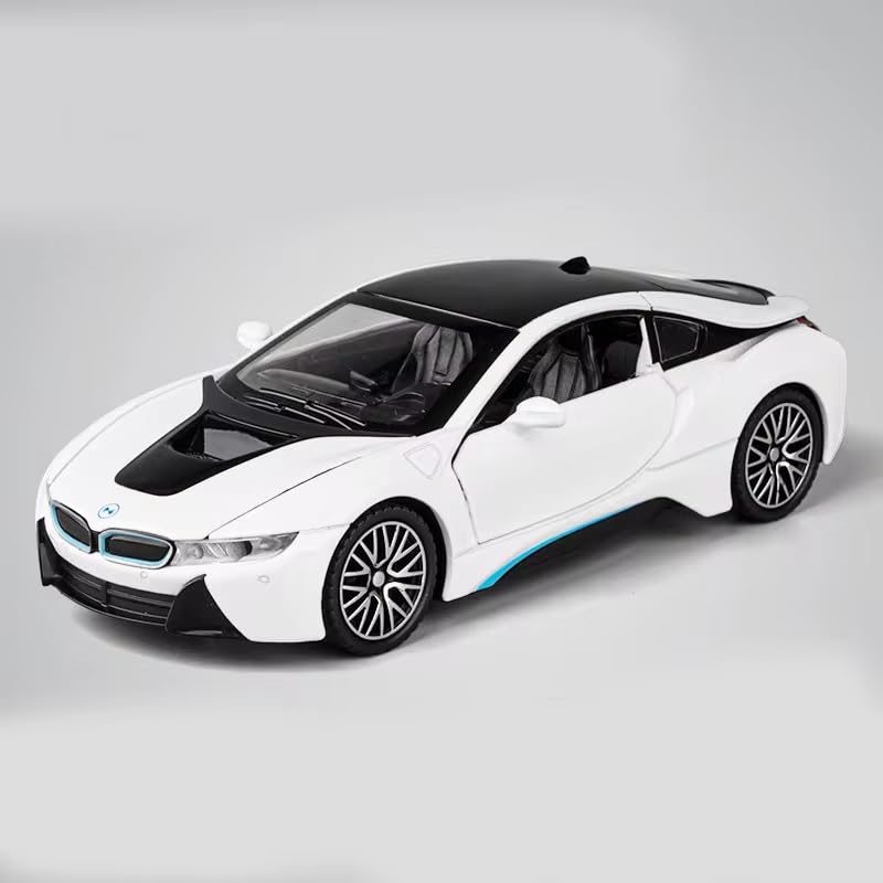 1:32 BMW I8 Toy Car Metal Pull Back Diecast Car with Openable Door and Sound Light, Gifts Toys for Kids