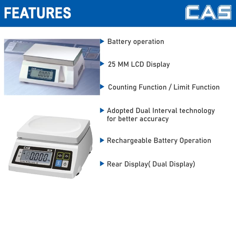 Image of CAS SW Digital Retail Weighing Machine 5kg Capacity | 500mg Precision | Dual LCD Display | Pan Size 230x190mm | Electronic Compact Table-Top Scale for Grocery, Fruits & Vegetables