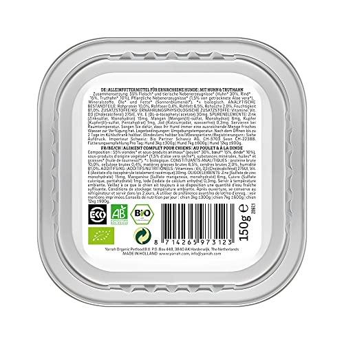 Yarrah Sehr schmackhafte, getreidefreie Pastete mit biologischem Huhn und Truthahn und zugesetzter Aloe Vera. Eignet Sich für Hunde Aller Rassen und Altersgruppen., 12*150g