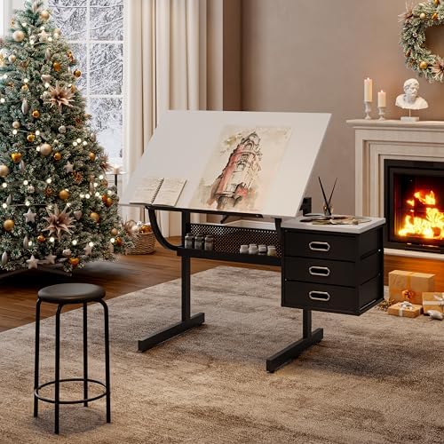 Drafting Table Art Table Adjustable Drawing Table Tilted Tabletop, Craft Table, with Storage Drawers and Stool, Crafting Desk with Storage for Painting Diamond Reading Writing Study (White A)