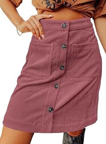Happy Sailed Womens Corduroy Skirts Fall Winter Fashion Button Down High Waist A-line Mini Skirt for Date Night Business Casual Clothes for Women 2025 Pink Large