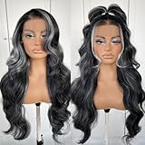 MITIMES 13x6 Highlight Lace Front Wig Pre-Plucked Black And White Skunk Stripe Body Wave HD Lace Front Wig Synthetic Wear And Go Glueless Wig
