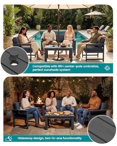 Image of SERWALL 4 Pieces HDPE Outdoor Sofa Set with Cushion, All Weather Use Conversation Couch Set, Outdoor Loveseat Social Furniture with Coffee Table and Cushions, Grey Frame with Grey Cushions