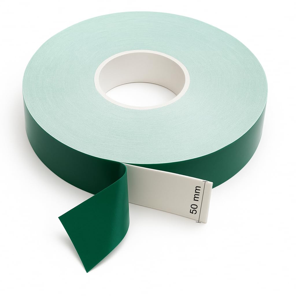Wooden World Ruban mousse double face PE Blanc, Epaisseur 1mm, Adhésif Acrylique 50 mm 50 M, Entretoise Vert