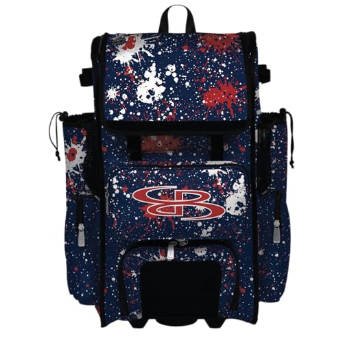 Boombah Rolling Superpack Baseball/Softball Gear Bag - Telescopic Handle - Holds 4 Bats - Wheeled Version - Splatter Navy/Red/White