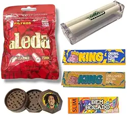 Kit Tabacaria Bolador Manual, Triturador Fibra de Coco, Filtro Aleda Classico, Sedas e Piteiras de Papel