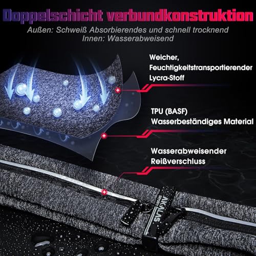 Akalas ultraleichte Laufgürtel, wasserdichte Sport Hüfttasche, verstellbare Taschengröße Handytasche, 360 Grad reflektierende Bauchtasche für Joggen, Fitness, Radfahren und Reisen