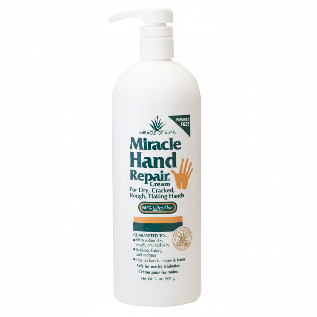 Miracle Hand Repair Cream for Dry Cracked Hands 32 oz Best Healing Hand Cream with 60% Aloe Vera - Non-Greasy Moisturizer for Working Hands - Fast Absorbing Lotion for Extremely Dry Skin