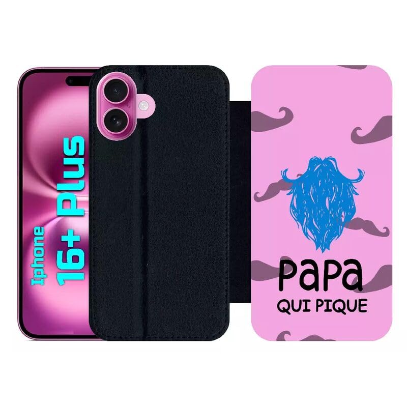 Etui à rabat pour iPhone 16+ contre les rayures, simili-cuir Papa Qui Pique