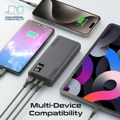 Image of Promate Power Bank 20000mAh | Ultra-Slim Portable Charger, 20W Type-C Input /Output Port, 22.5 QC 3.0, LCD & Over-Heating Protection, Fast Charging for iPhone, Android, Bolt-20PD - 2 Years Warranty