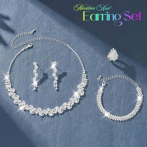 Unicra Rhinestone Bridal Wedding Jewelry Set Silver Necklace Earrings Bracelet Ring Sets Prom Formal Costume Jewelry Sets for Women and Brides3