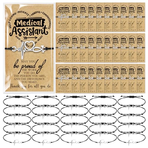 Sasylvia 30 Set Medical Assistant Appreciation Gifts Bulk Employee Inspirational Bracelet Positive Bracelet Motivational Card Gifts for Medical Assistant Volunteer Teacher Staff Coworkers
