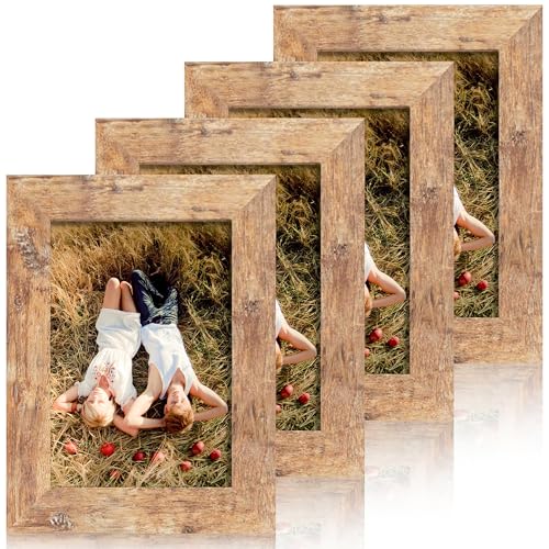 iRahmen 4x6 Picture Frame Set of 4, High Definition Real Glass Rustic Brown Frame, 4 x 6 Wood Photo Frames for Tabletop Display and Wall Mounting
