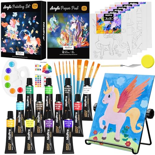 Nicpro 34PCS Kids Painting Set with Pattern Canvas Art Painting Supplies Kit with 12 Acrylic Paints 10 Brushes 6 Canvas Panels Table Easel Paper Pad Color Wheel Palette for Beginner Students