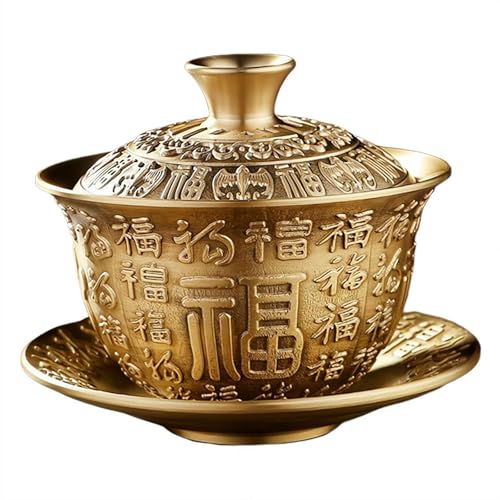 Tazza da tè cinese in ottone con scritta "Cento Fu" e scritta "Good Luck", con coperchio e piattino, motivo Feng Shui, con ciotola dorata per buona fortuna e armonia, set da tè per decorazione casa e