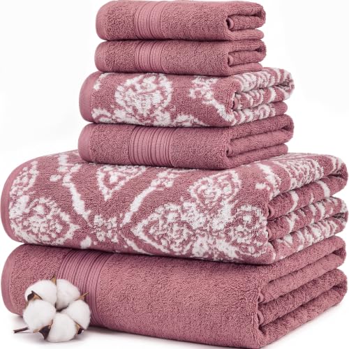 Image of Modern Threads Amaris 6-Piece Reversible Yarn Dyed Jacquard Towel Set - Bath Towels, Hand Towels, & Washcloths - Super Absorbent & Quick Dry - 100% Combed Cotton, Rosewood