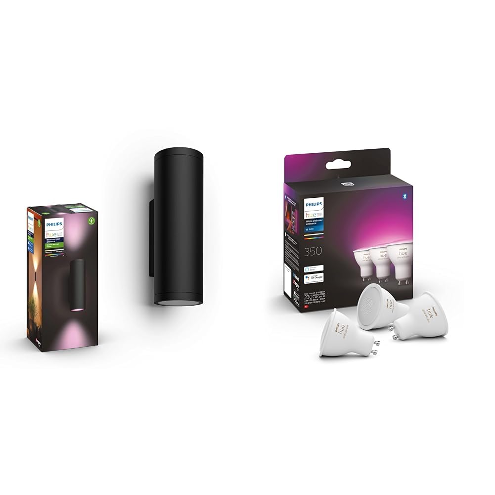 Philips Hue Philips Hue White & Color Ambiance Appear Outdoor Wandleuchte (1.180 lm) & White & Colour Ambiance Smart Spotlight 3 Pack LED [GU10 Spotlight]