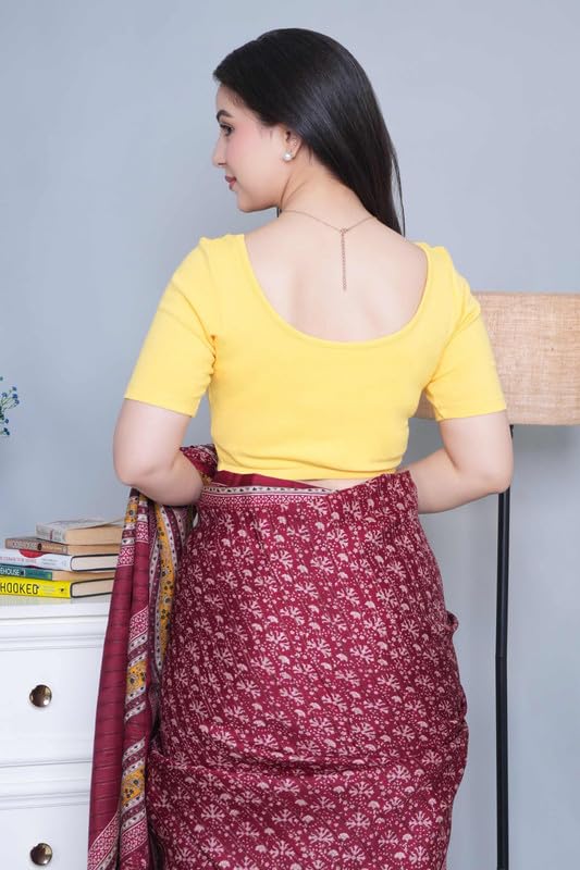 Image of Mlada V-Neck Stretchable Saree Blouse Top for Women | Slim Fit Short Sleeves Solid Cotton Blouses | Readymade Saree Blouses for Women Festive & Ethnic | Blouse Crop Top
