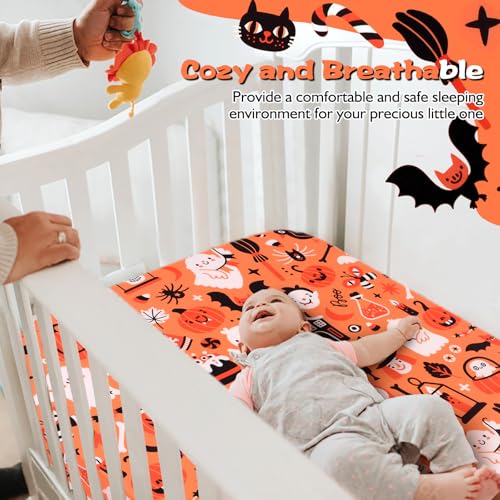 Image of JISEN Halloween Crib Sheet Pumpkins Fitted Crib Sheet for Boys Girls Crib Mattress Cover Baby Sheet for Standard Crib and Toddler Mattress Soft Breathable Baby Bed Sheet for Neutral 52x28 Inch Ghosts
