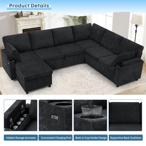 Image of 110 inch Chenille Sectional Sofa w /Pull Out Bed & Storage Chaise, Black | Reversible U Shape Sofa w /Storage Armrests & Cup Holders, Corner Couch w /USB Charging Port & Throw Pillows for Living Room
