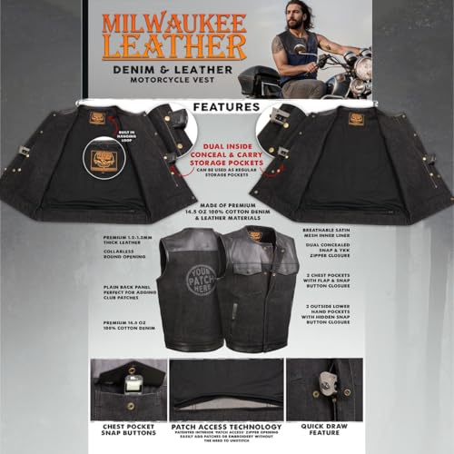 Milwaukee Leather MDM3003 Men's 'Brute' Concealed Snap Black Denim and Black Leather Club Style Vest w/Hidden Zipper2