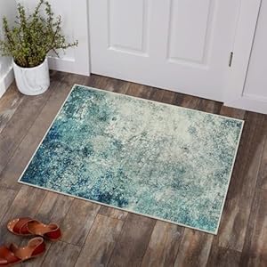 Lahome Modern Abstract Area Rug – Small 2×3 Washable Entryway Rugs Non-Slip Low Pile, Accent Throw Carpet for Kitchen Bath Mats Laundry Front Indoor Doormat,Blue/Grey