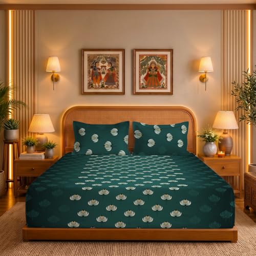 Image of Urban Space Serene 300TC 100% Cotton Bedsheet for Double Bed, Panel Design Bedsheet, Printed Queen Size Bed Sheet with 2 Pillow Covers (90 x 100 Inches, Midnight Lotus Deep Jade Green)