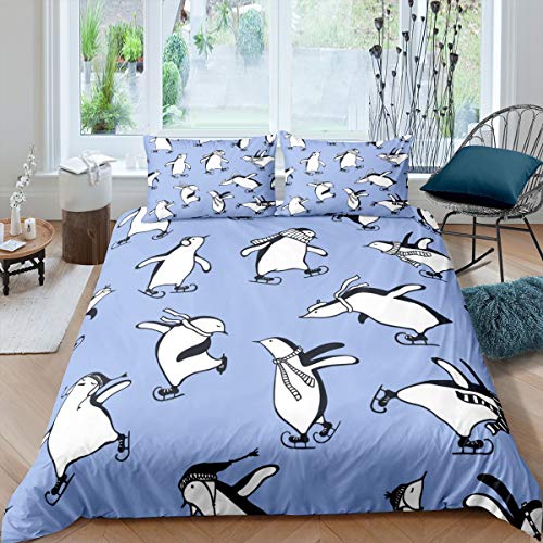 Loussiesd Kids Cute Penguin Bedding Set for Girls Boys Children Cartoon Funny Animal Comforter Cover Cute Polar Animal Duvet Cover Room Decor Lovely Blue Wildlife Bedspread Cover Double Size 3Pcs