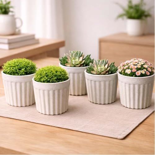 Image of Go Hooked Plastic Flower Pot for Indoor Plants (4 Inch, Pack of 5) | Decorative Ribbed Planter for Home, Office, Desk & Tabletop | Marble Finish Modern Indoor Plant Pot for Succulents & Small Plants