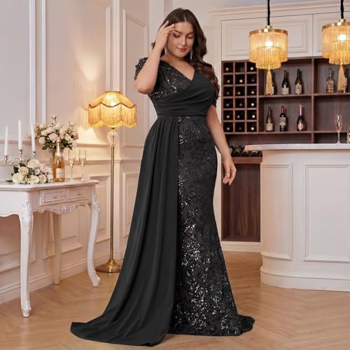Image of Elegant Women's Formal Dress Wedding Guest Puff Sleeve Mermaid Ball Gowns Court Train Plus Size Sequin Long Dresses