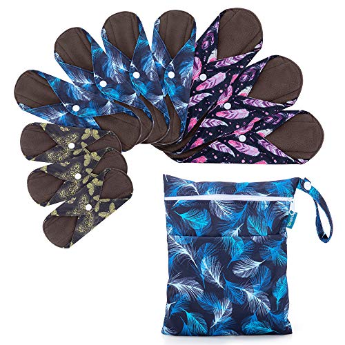 Teamoy 10Pcs Reusable Sanitary Pads with Non Slip Design, Washable Cloth Menstrual Pads/Panty Liners with a Wet Bag, Feather