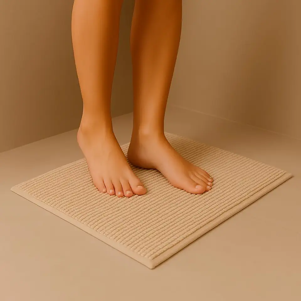 Tapete de Banheiro Microfibra Macarrão Bolinha Popcorn 40x60cm — Antiderrapante, Super Macio, Absorvente, Lavável, Secagem Rápida (Areia)