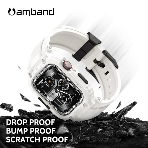 Image of amBand Bands Compatible with Apple Watch 9 /8 /7 /SE (3 /2 /1) /6 /5 /4 41mm /40mm Case Men, M1 Sport Series Rugged Case with TPU Strap Military Protective Tough Cover Bumper for iWatch 41 /40 mm 38mm - White