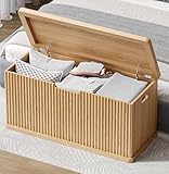 Akxomel Fluted Storage Chest with 2 Safety Hinges, 37.4' Wooden Storage Trunk, Natural Entryway Bench, for Living Room, Bedroom, Curved Profile, Easy Assembly, Natural Oak